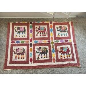 Vintage Handmade Indian Kantha quilt king size Elephant Patchwork Boho Bedspread